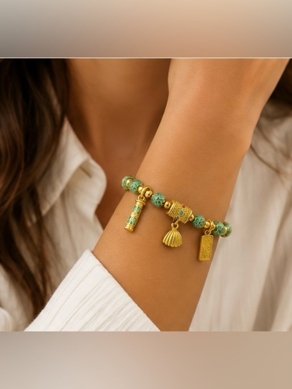 Gold-Tone Bracelet with Turquoise Beads & Charms - Women Jewelry • NEW